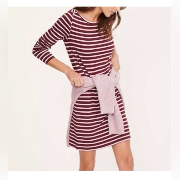 Lou & Grey Striped Signature Soft Boatneck Sweater Dress Burgundy & Pink Med NEW - Picture 1 of 5